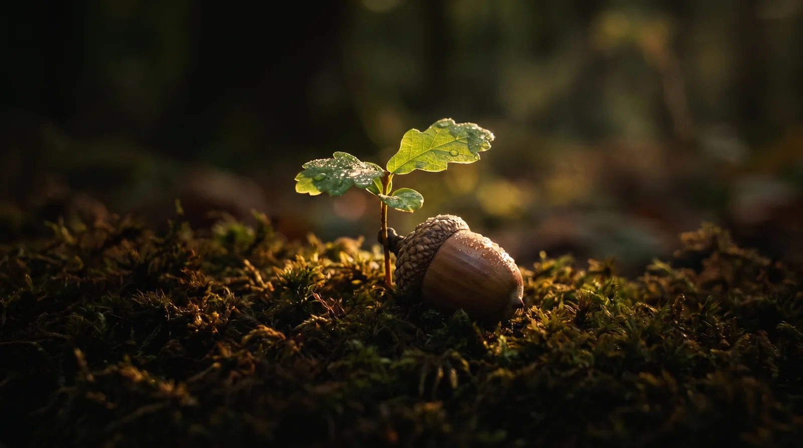 An acorn and a young oak seedling caught in a single shaft of morning light