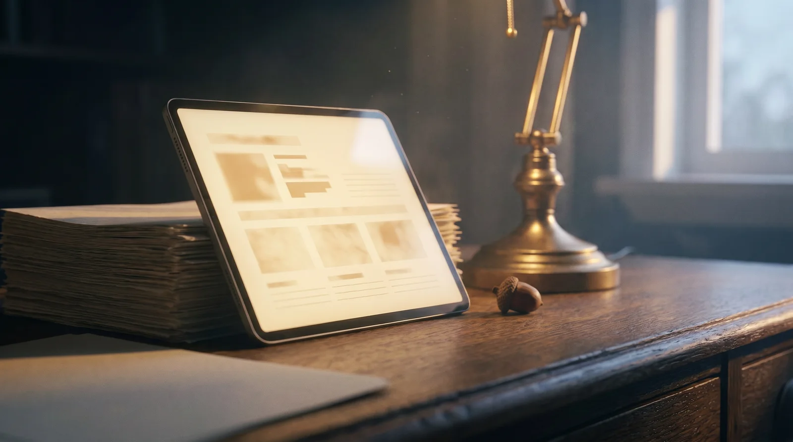 A tablet glowing warmly on the oak desk as dawn light enters the room